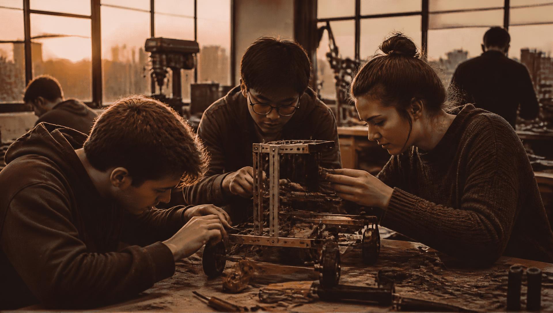 Student founders working together on a prototype in a university workshop at dusk